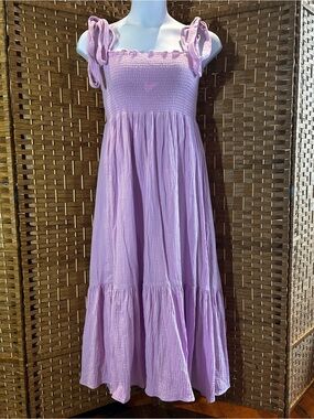 AQUA Lavender Cotton Gauze Smocked Maxi Dress Size Large Tie Strap